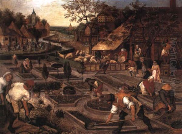 Spring: Gardeners, Sheep Shearers And Peasants Merrymaking Oil Painting by Pieter Brueghel the Younger