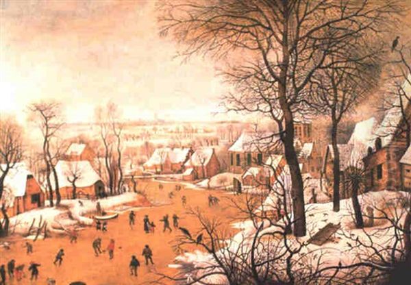 A Winter Landscape With Skaters And A Bird Trap Oil Painting by Pieter Brueghel the Younger