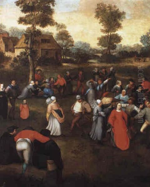 Peasants Dancing Outside A Village Oil Painting by Pieter Brueghel the Younger