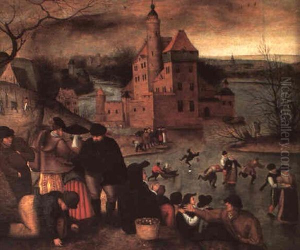 A Winterland Scene With Castle And Frozen Moat With Figures Oil Painting by Pieter Brueghel the Younger