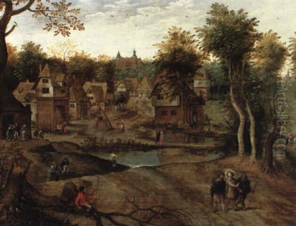 Christ On The Road To Emmaus, A Village Scene Beyond Oil Painting by Pieter Brueghel the Younger