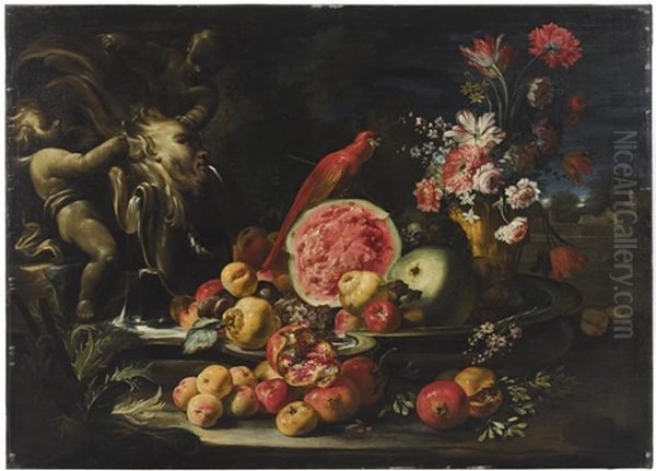 Still Life With A Red Parrot And Fruit Oil Painting by Abraham Brueghel