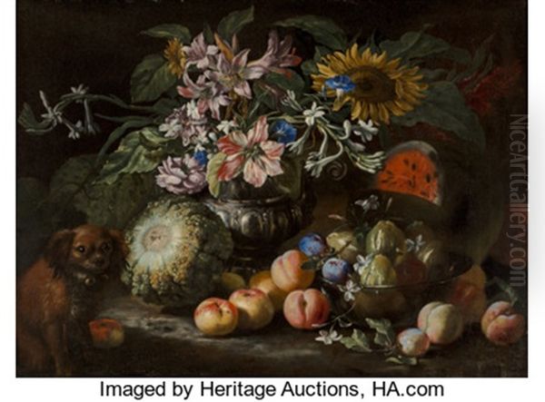 A Still Life Of Fruit And Flowers In A Footed Gadrooned Silver Vase With A Spaniel Looking On Oil Painting by Abraham Brueghel