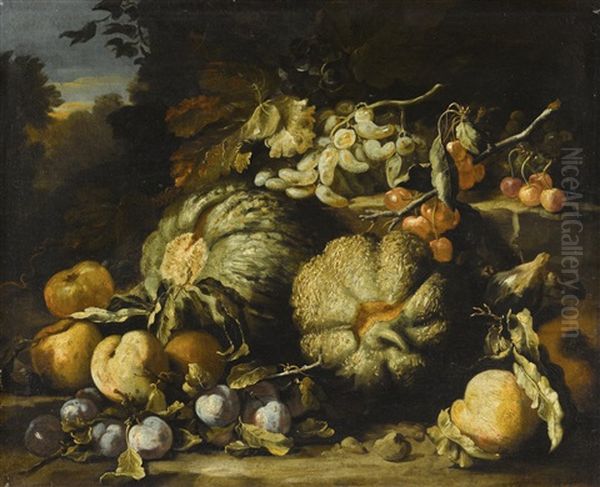 Still Life Of Melons, Peaches And Grapes On A Forest Floor Oil Painting by Abraham Brueghel