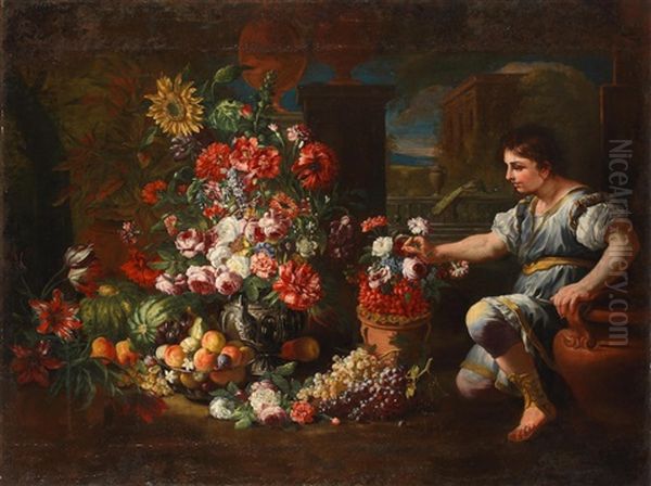 A Young Man Beside An Earthenware Jar Of Wild Strawberries Alongside A Silver-gilt Urn Filled With Flowers Oil Painting by Abraham Brueghel