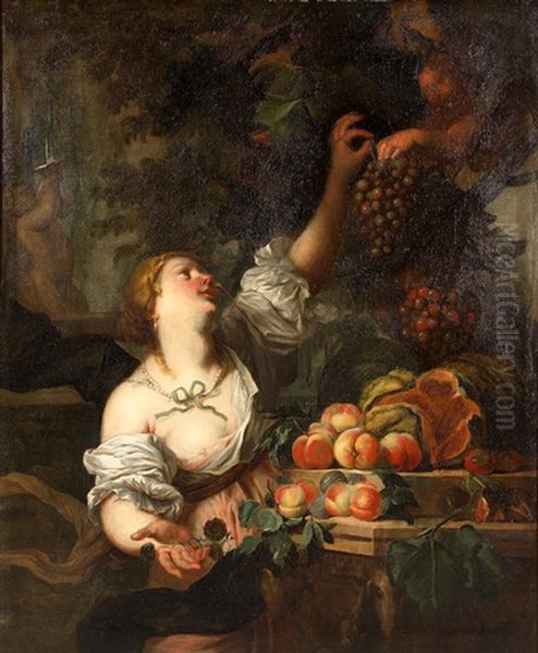 A Still Life Of Peaches And Melons On A Stone Ledge With A Lady Holding A Bunch Of Grapes Oil Painting by Abraham Brueghel