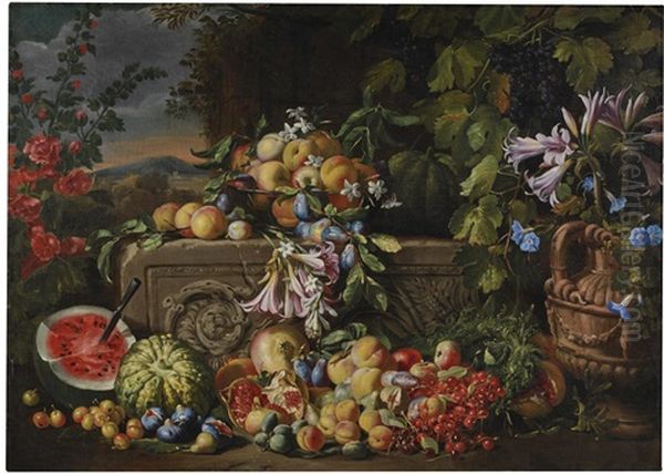 A Still Life Of A Watermelon, Cherries, Peaches, Apricots, Plums, Pomegranates And Figs, With Lilies, Roses, Morning Glory And Other Flowers On An Acanthus Stone Relief Oil Painting by Abraham Brueghel