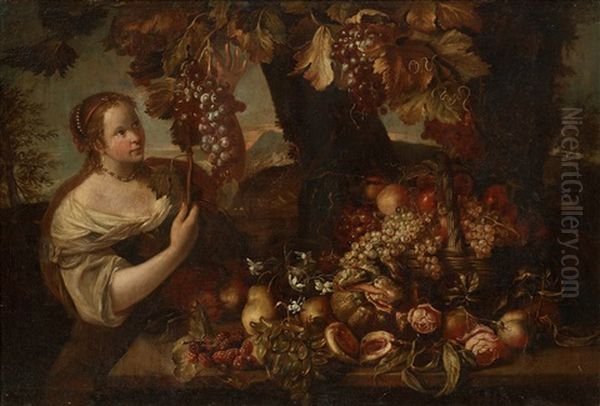 Girl With Grapes And Still Life With Fruit by Abraham Brueghel