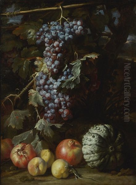 Still Life Of A Bunch Of Grapes Hanging From A Twig, Pomegranates, Peaches, A Melon And A Salamander, All In A Landscape Oil Painting by Abraham Brueghel