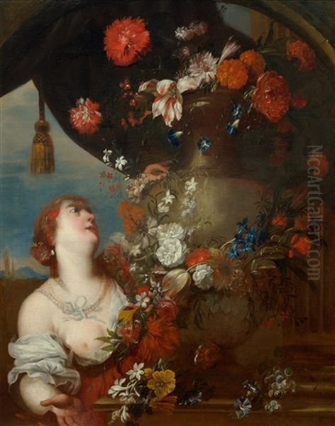 A Figure With A Bouquet Of Flowers Oil Painting by Abraham Brueghel