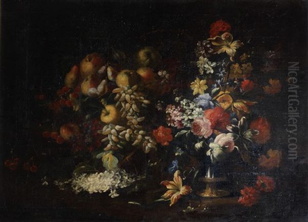 Pomegranates, Apples, Grapes, Plums And Fruit, With Poppies, Roses, Tulips And Other Flowers In A Bronze-mounted Urn Oil Painting by Abraham Brueghel