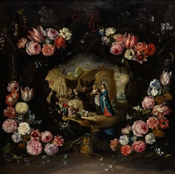 Las Tentaciones De San Antonio En Orla De Flores Oil Painting by Abraham Brueghel