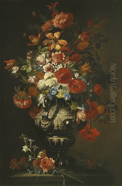 A Still Life Of Roses, Chrysanthemums And Tulips In An Ornate Silver Vase On A Stone Pedestal Oil Painting by Abraham Brueghel