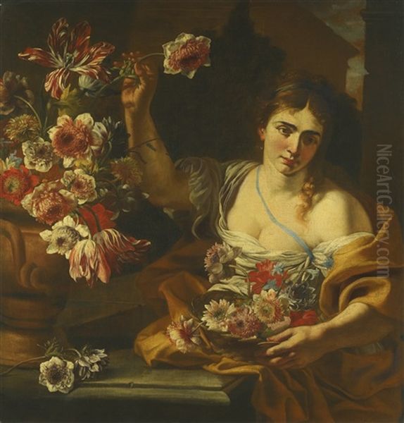 A Young Woman Arranging Flowers In A Basket, With A Floral Still Life In A Terracotta Urn Oil Painting by Abraham Brueghel