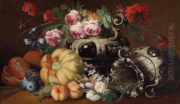 Ein Blumen- Und Obststillleben Mit Zwei Barocken Prunkvasen Oil Painting by Abraham Brueghel