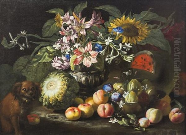 Nature Morte (still Life With Fruit And Dog) Oil Painting by Abraham Brueghel