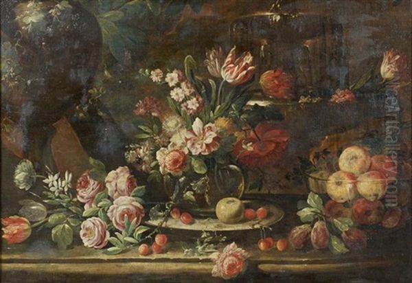 Composition De Fleurs Et Fruits Sur Un Entablement De Pierre Oil Painting by Abraham Brueghel