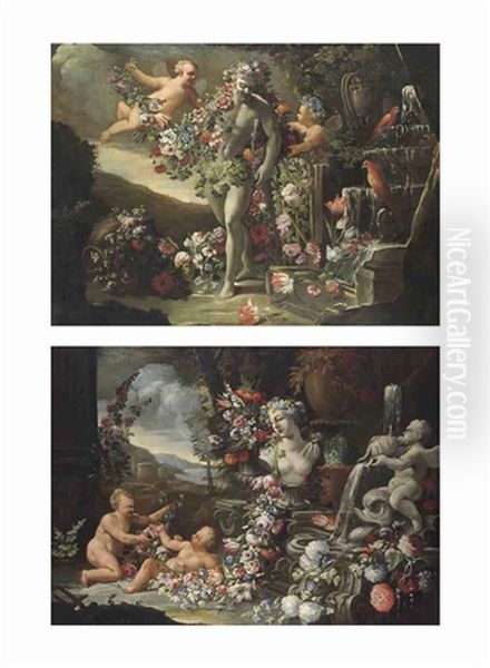 Putti Surrounding The Farnese Hercules With Garlands Of Flowers, Beside A Fountain; Putti Lying Beside A Classical Fountain With Garlands... (pair) Oil Painting by Abraham Brueghel