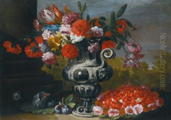 Still Life With Tulips, Carnations, Daffodils And Other Flowers In A Metallic Urn On A Stone Ledge, With Figs, Plums And A Bowl Of Strawberries Below Oil Painting by Abraham Brueghel