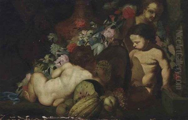 Putti Beside An Urn With Flowers, Melons And Grapes Oil Painting by Abraham Brueghel