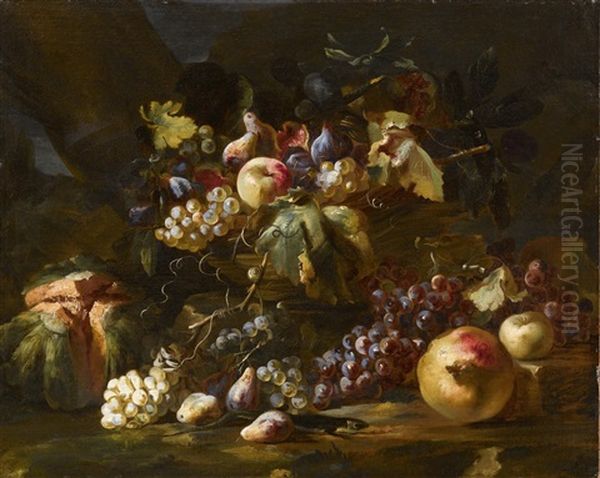 Ein Korb Mit Trauben, Apfeln, Feigen, Birnen Und Laub Gefullt, Melone, Granatapfel Und Eine Smaragdeidechse Oil Painting by Abraham Brueghel