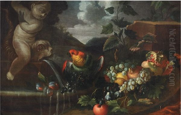 Fruit Still Life With Parrot Oil Painting by Abraham Brueghel