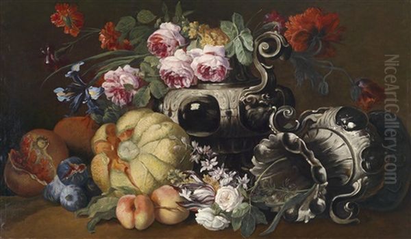 Ein Stillleben Mit Blumen Und Fruchten Und Zwei Barocken Prunkvasen Oil Painting by Abraham Brueghel