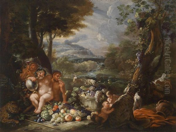 Silen Mit Zentauren, Leoparden Und Einer Mit Obst Gefullten Butte Vor Einer Weiten Flusslandschaft Oil Painting by Abraham Brueghel