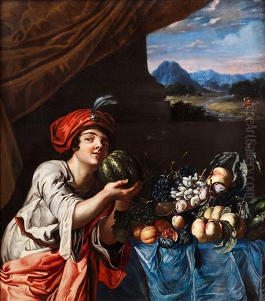 Grosses Fruchtestilleben Mit Orientalisch Gekleidetem Knaben Vor Einer Landschaft Oil Painting by Abraham Brueghel