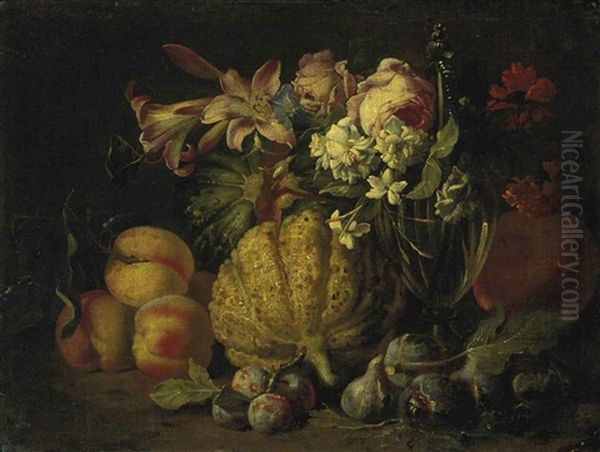 Peaches, Melons, Plums, Figs, Lillies, Roses, And Other Flowers With A Glass Carafe Oil Painting by Abraham Brueghel