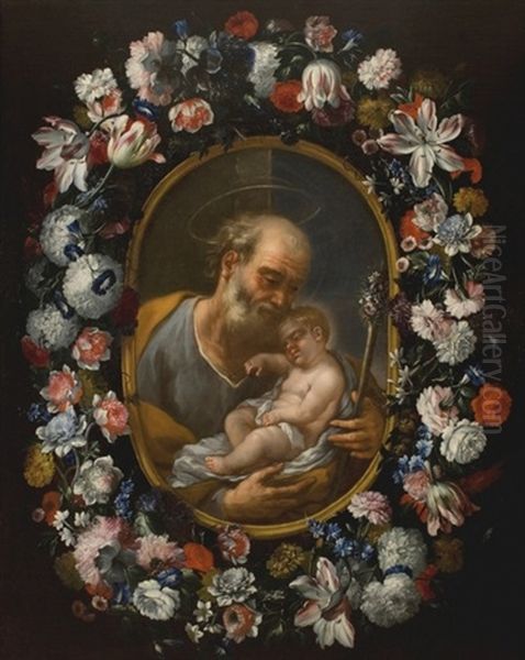 Ghirlanda Di Fiori Con San Giuseppe E Il Bambino (flower Garland With Saint Joseph And The Child)(attributed To Collab. W/luca Giordano) by Abraham Brueghel