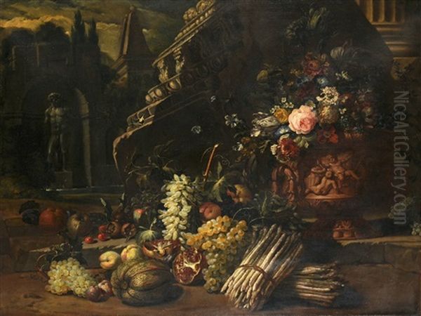 Still Life Of Flowers In An Urn, Vegetables, Fruit And Butterfly, Classical Ruins Beyond Oil Painting by Abraham Brueghel