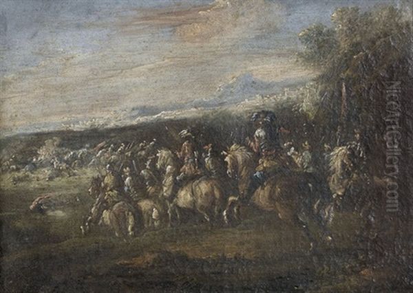 Schlachtfeld Mit Kavallerie (+ Another; Pair) Oil Painting by Abraham Brueghel