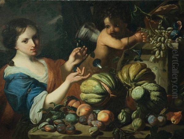 Jeune Femme Et Amour Devant Une Nature Morte De Fruits Oil Painting by Abraham Brueghel