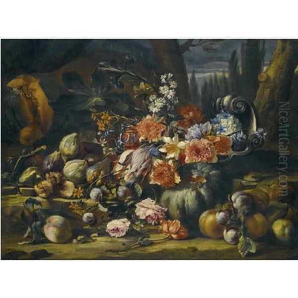 A Still Life With Flowers In A Silver Fruit Dish, Melons, Peaches, Apples, Plums, Roses And Figs On A Rocky Bank Oil Painting by Abraham Brueghel