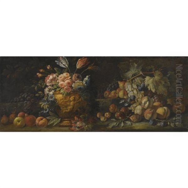 Still Life With Fruit Piled High And A Sculpted Urn Filled With Flowers Oil Painting by Abraham Brueghel