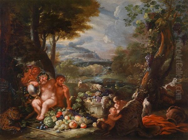 Silen Mit Zentauren, Leoparden Und Einer Mit Obst Gefullten Butte Vor Einer Weiten Flusslandschaft Oil Painting by Abraham Brueghel