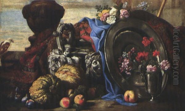 Natura Morta Con Vaso Di Fiori, Piatto E Brocca In Metallo Oil Painting by Abraham Brueghel