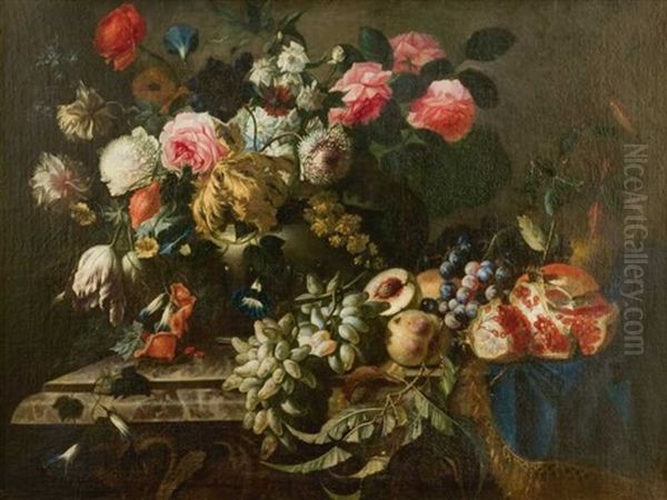 Nature Morte Au Vase De Fleurs Et Fruits Sur Un Entablement Oil Painting by Abraham Brueghel