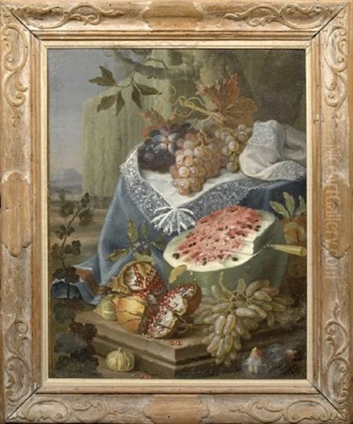 Still Life With Grapes, Melon, And Pomegranates On A Stone Ledge Oil Painting by Abraham Brueghel