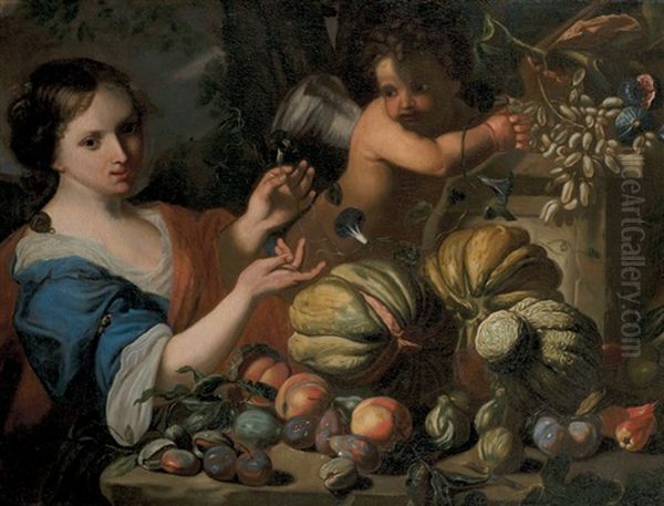 Jeune Femme Et Putto Cueillant Des Fruits Oil Painting by Abraham Brueghel