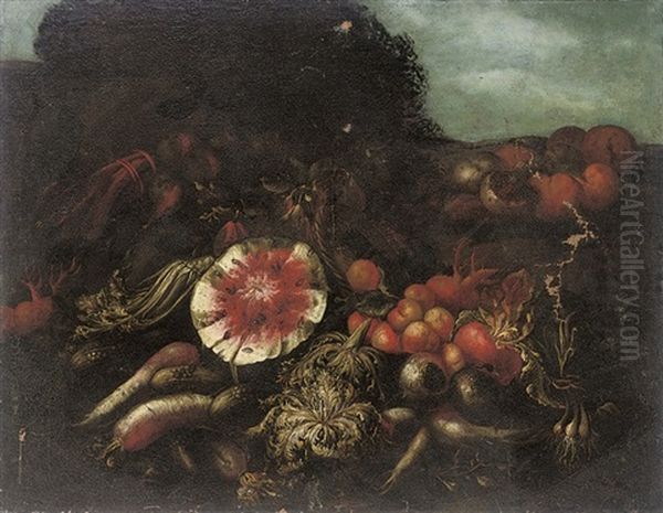 A Watermelon, Cabbages, Radishes, Peaches And Other Fruits And Vegetables, In A Landscape Oil Painting by Abraham Brueghel