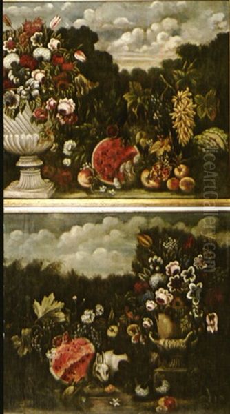 Bouquet De Fleurs Et Fruits Dans Un Paysage (pair) Oil Painting by Abraham Brueghel