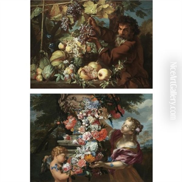 A Still Life With A Girl And Putto Adorning A Sculpted Urn With A Garland Of Flowers - Spring (+ A Still Life Of Pomegranates, Melons, Pears, Plums And Morning Glory; Pair) Oil Painting by Abraham Brueghel