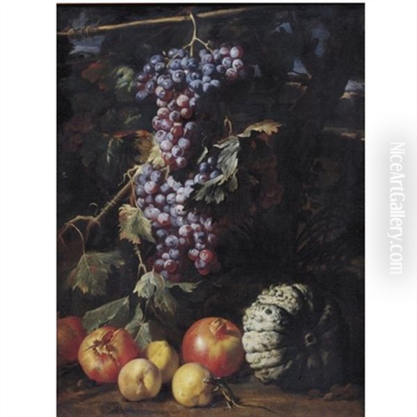 Still Life Of A Bunch Of Grapes Hanging From A Twig, Pomegranates, Peaches, A Melon And A Salamander, All In A Landscape Oil Painting by Abraham Brueghel