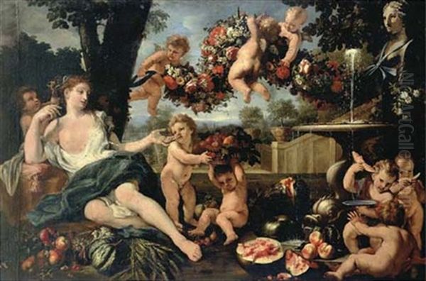 Ceres Seated By A Fountain Attended By Putti, A Formal Garden Beyond Oil Painting by Abraham Brueghel