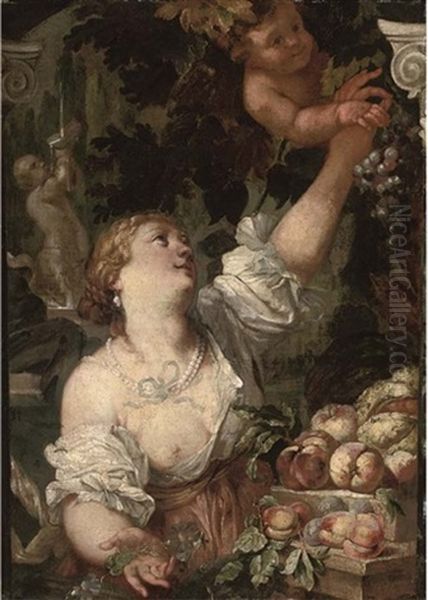 An Allegory Of Abundance (circle Of Guilaume Courtois And Abraham Brueghel) Oil Painting by Abraham Brueghel