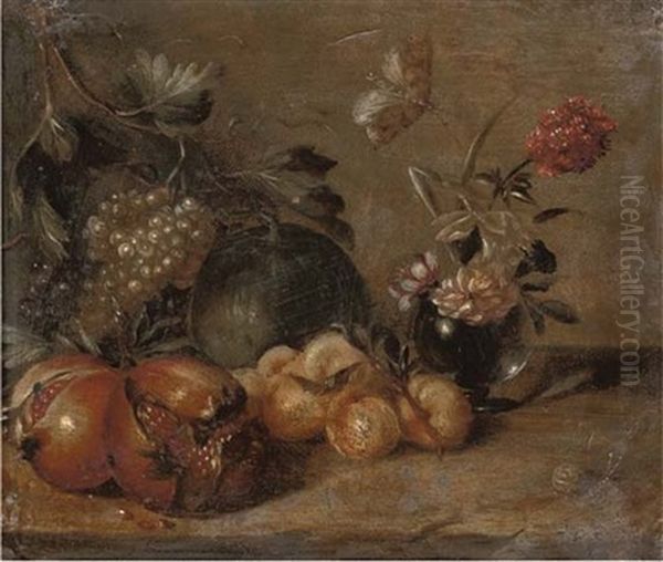 Pomegranates, Grapes, Peaches And A Melon, With Peonies In A Glass Vase On A Stone Ledge, With A Butterfly And A Snail Oil Painting by Abraham Brueghel