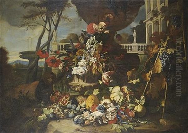 A Sculpted Urn With Tulips, Carnations, Morning Glory And Other Flowers With Pommegranates, Melons, Figs And Grapes, A Lizard And A Monkey On A Bank Before A Terrace, A Fountain Beyond Oil Painting by Abraham Brueghel