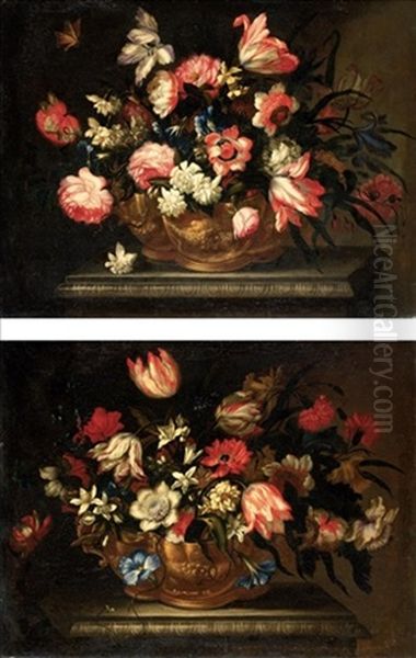 Nature Morte Con Vaso Di Fiori (+ Another, Similar; Pair) Oil Painting by Abraham Brueghel